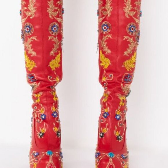 AZALEA WANG ALL ABOUT THE FLASHY HAND BEADED CHUNKY BOOT IN RED( BRAND NEW!!!!! - Picture 3 of 9